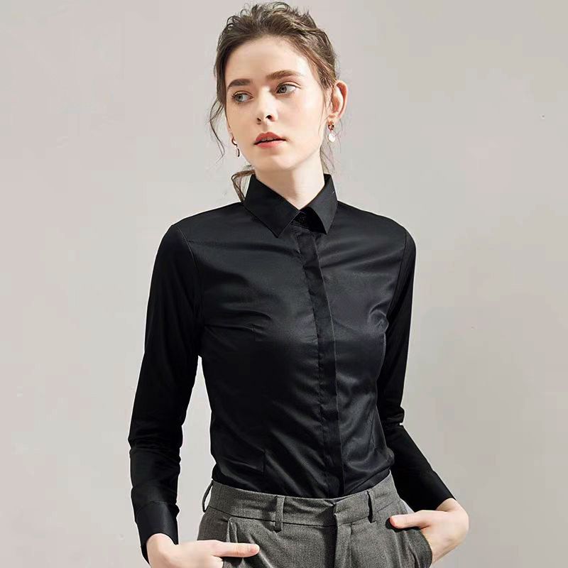 Women Formal Wear Black And White - Letnia czarna koszula z krótkim rękawem