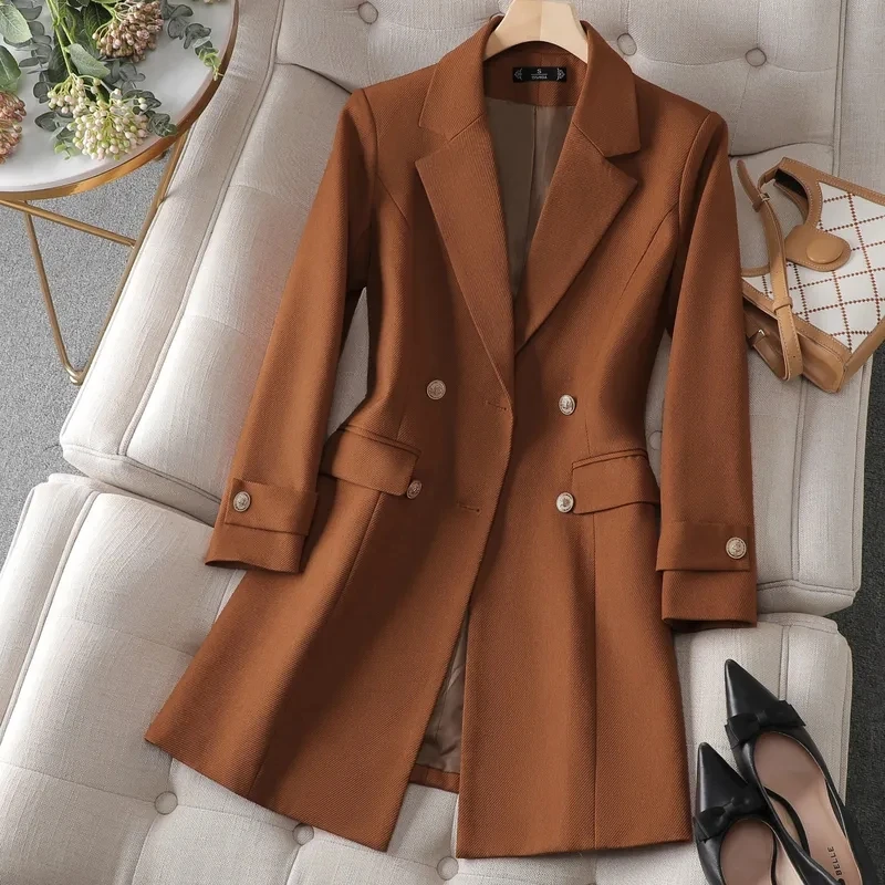Women Formal Wear Winter - Kurtka jesienno-zimowa damska długa marynarka Khaki