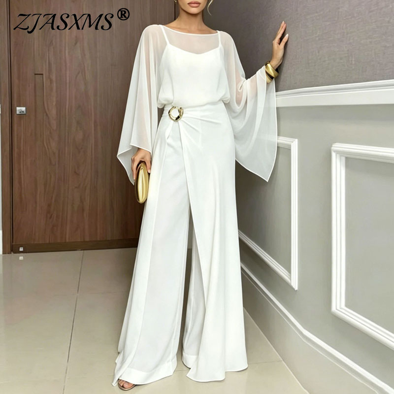 Women Formal Wear Set - Damski elegancki kombinezon 2-częściowy, prześwitujące rozkloszowane